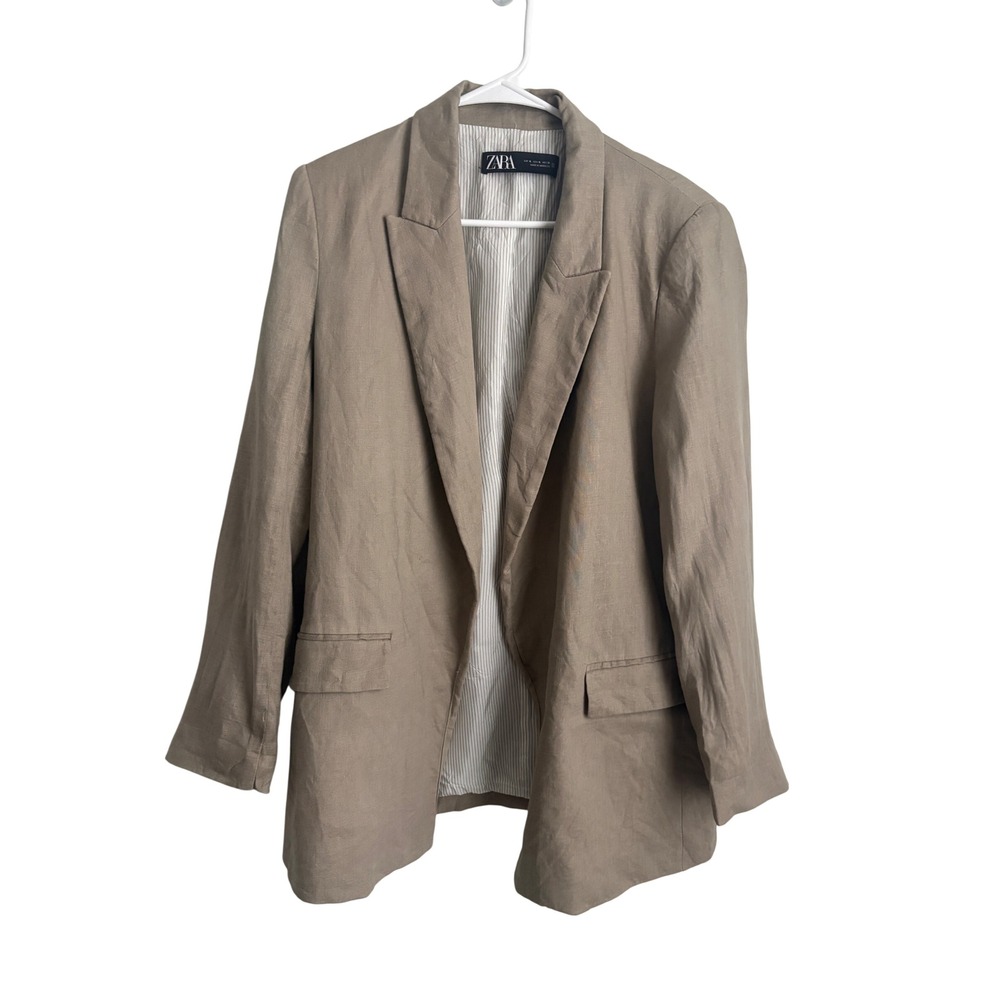 Zara Women XL Taupe 100% Linen Pinstripe Lined Blazer Jacket Tan Open Front